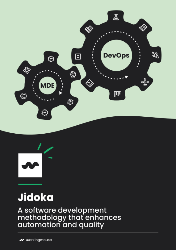 The cover of the Jidoka download. It shows two gears with MDE and DevOPs. The cover is green and black. The text of the cover is: Jidoka, A software development methodology the enhances automation and quality.