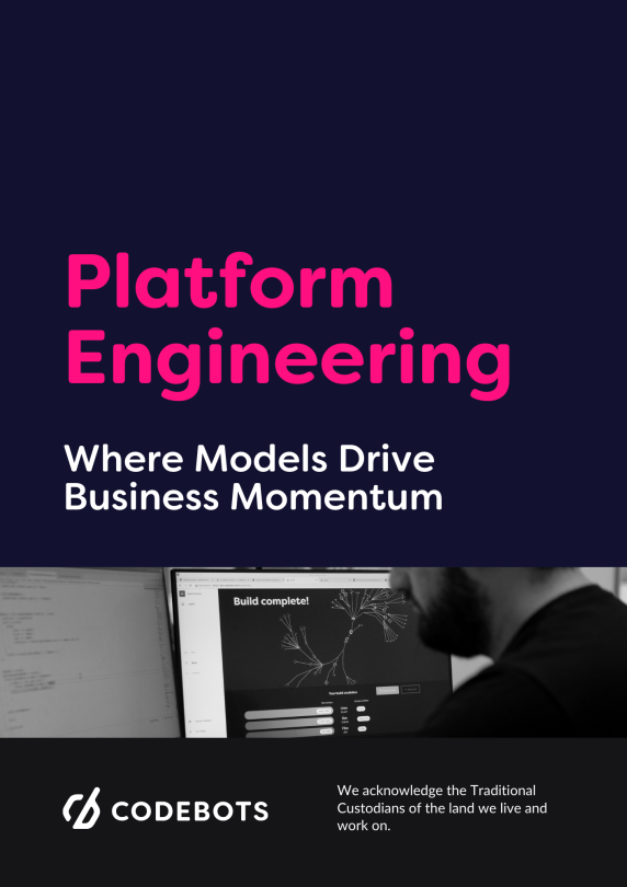 The platform engineerinng download. THe cover is black and the text is magenta. The title is: Platform engineering, where models drive business moomentum. At the bottom of the image is the codebots logo.