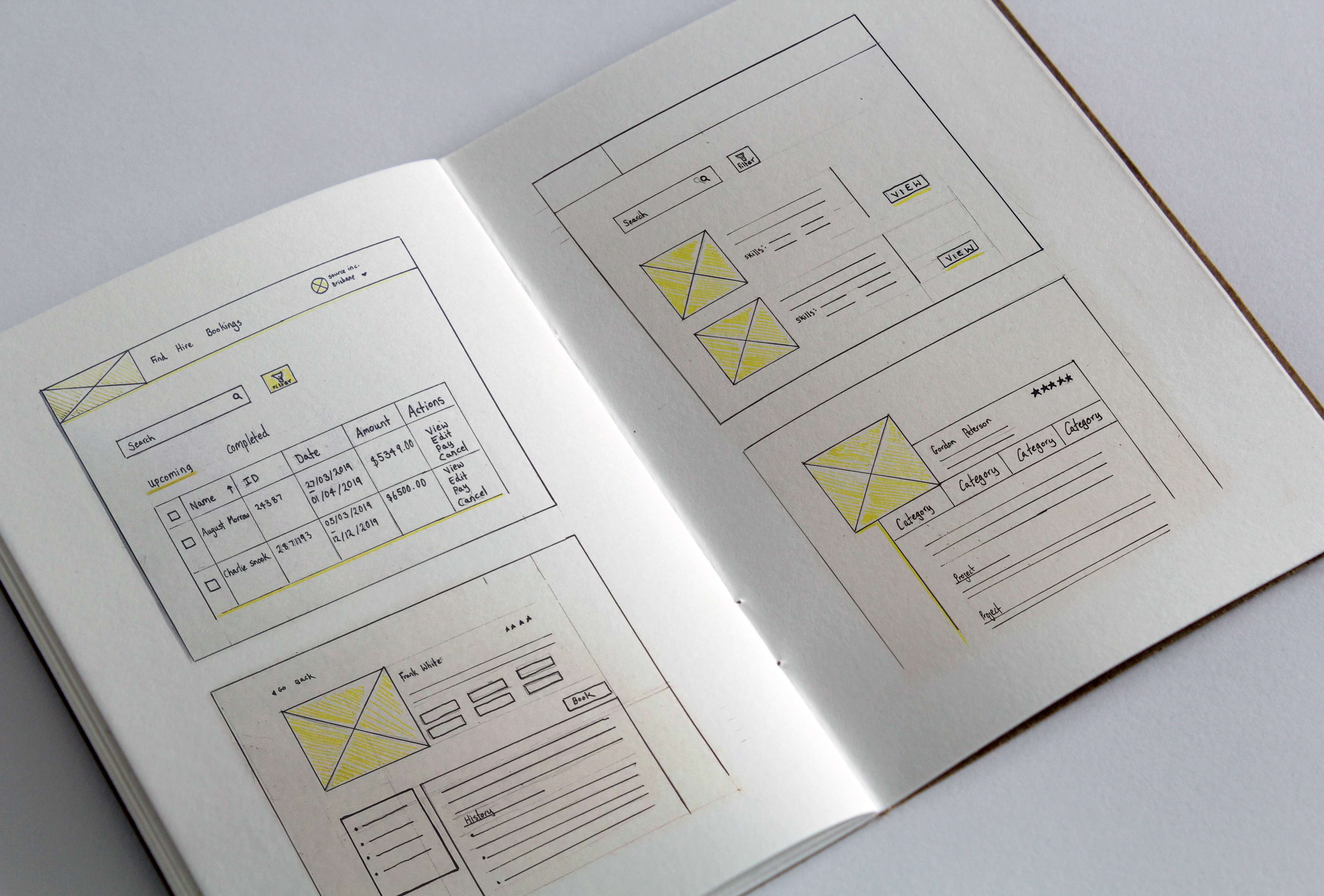 Open sketchbook showing hand-drawn wireframes of web pages, including layouts for user data, action buttons, and search functionality, representing the early stages of website or application design and user experience planning