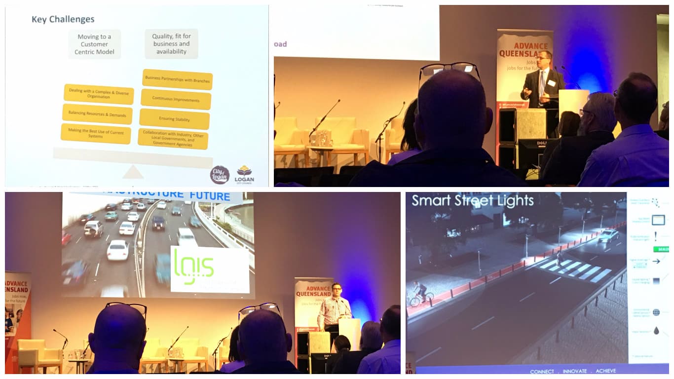 Collage of images from a technology conference featuring presentations on challenges in moving to a customer-centric model, infrastructure improvements, and smart street lights. The event includes keynotes, slides, and audience engagement, showcasing advancements in urban development and smart technology