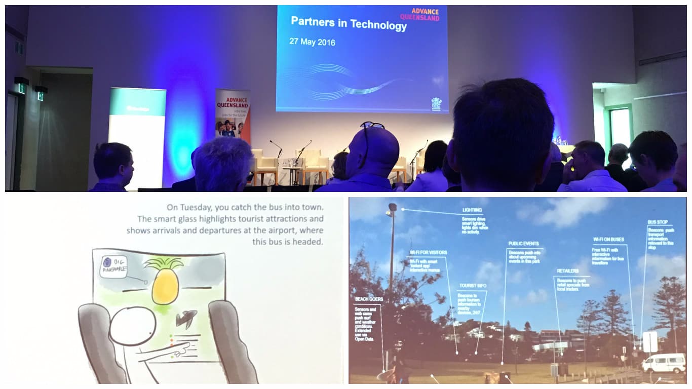 Collage of images from the ‘Partners in Technology’ event held on 27 May 2016, featuring presentations and audience discussions on smart city innovations. The lower images depict smart glass technology highlighting tourist attractions, as well as a smart city infrastructure plan with features such as Wi-Fi for visitors, smart lighting, and beacon-enabled bus stops.