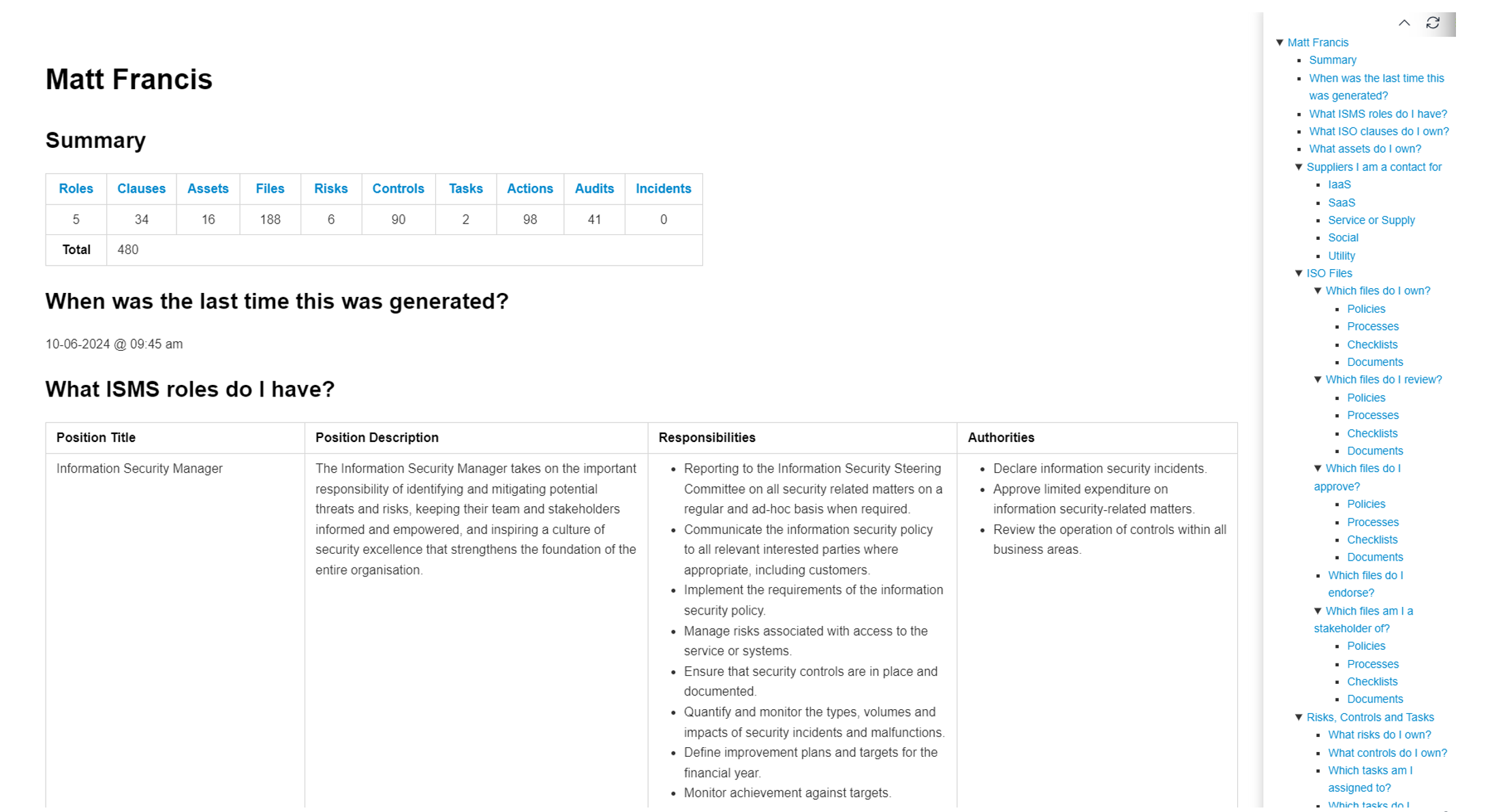 ISMS summary report for Matt Francis, detailing roles, clauses, assets, risks, controls, and tasks, including a breakdown of responsibilities and authorities as Information Security Manager.