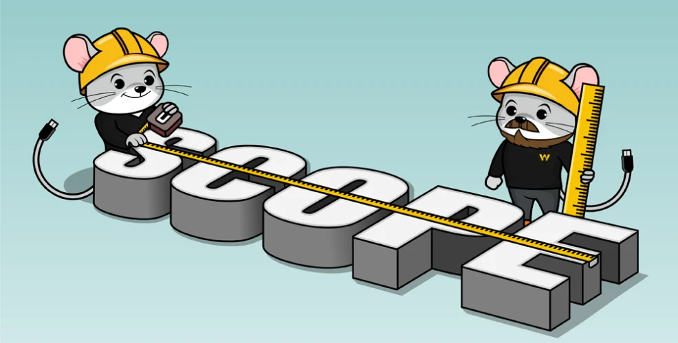 Two cartoon mice wering hardhats and measuring the word scope with a tape measure