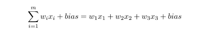 Mathematical formula representing the weighted sum of inputs in a neural network, expressed as  \sum_{i=1}^{m} w_i x_i + bias = w_1 x_1 + w_2 x_2 + w_3 x_3 + bias , where  w  are weights,  x  are inputs, and bias is an additional constant.