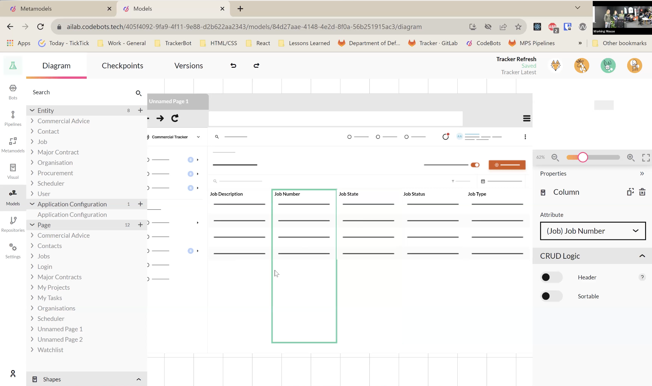 Screenshot of the Commercial Tracker UI model in Codebots, displaying the configuration of job-related attributes such as Job Number, Job Description, and Job Status.