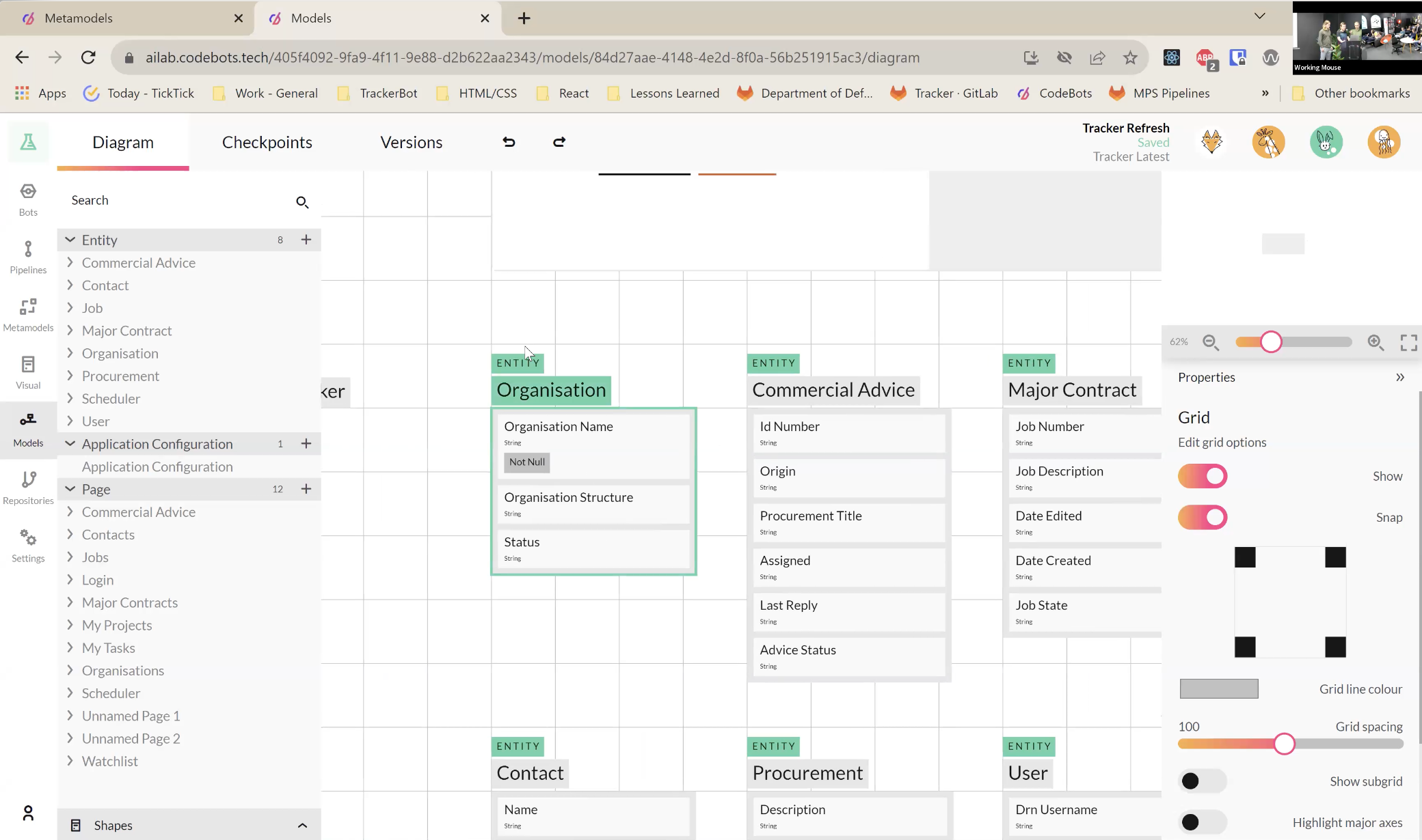 Screenshot of the Commercial Tracker entity model in Codebots, displaying entities such as Organisation, Commercial Advice, and Major Contract with related attributes for a software development project.