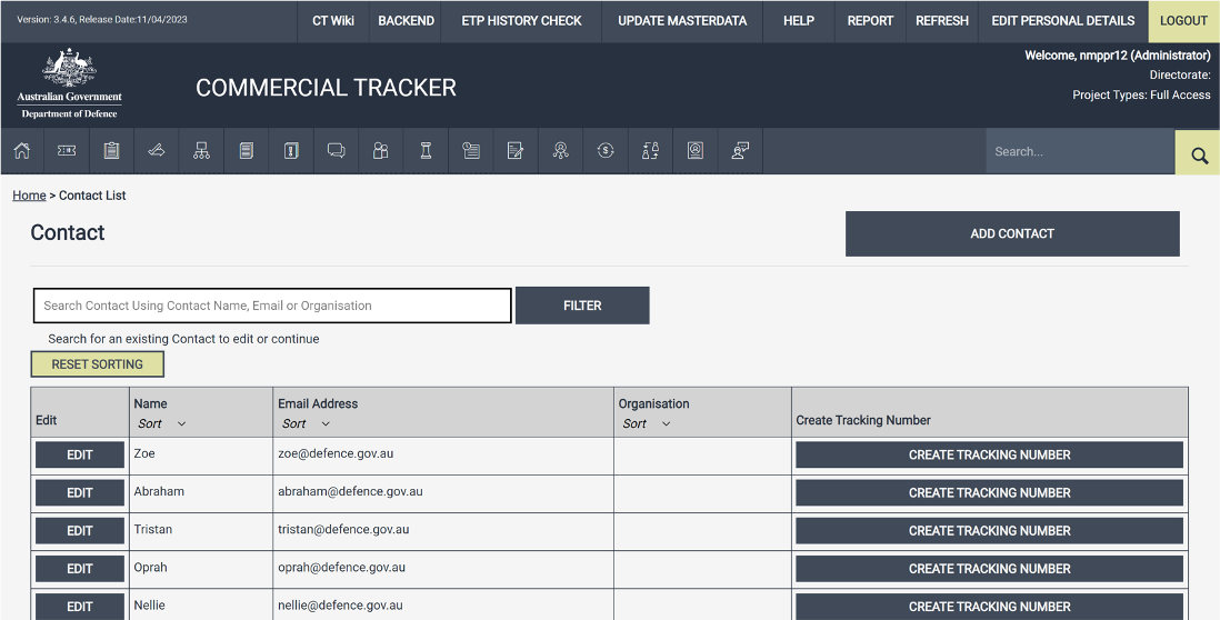 Screenshot of the Australian Government Department of Defence Commercial Tracker system, displaying a contact list with options to create tracking numbers and edit contact details.