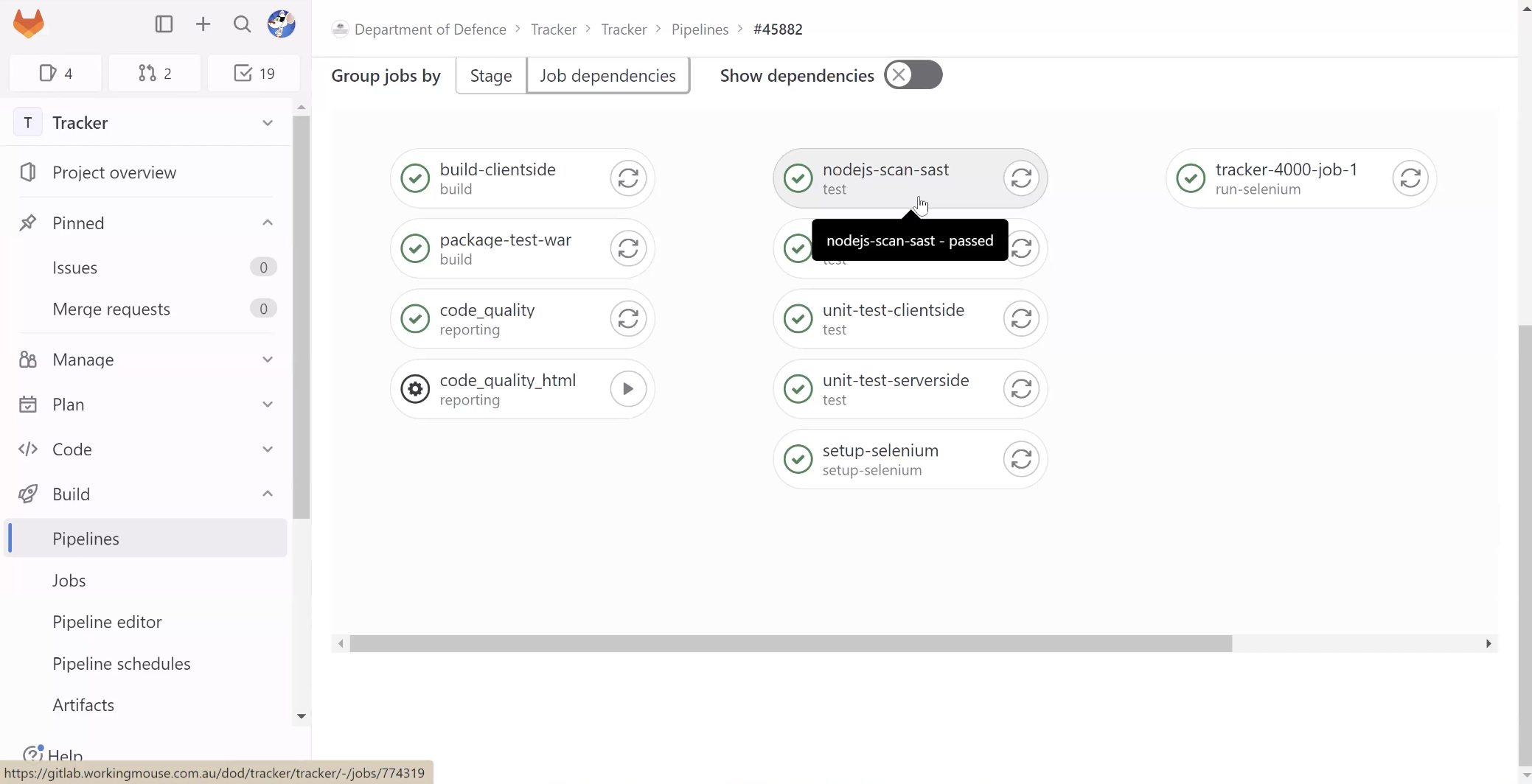 Screenshot of the Commercial Tracker DevOps pipeline in GitLab, displaying successful test stages including node.js security scan, unit tests, and Selenium setup for continuous integration.”