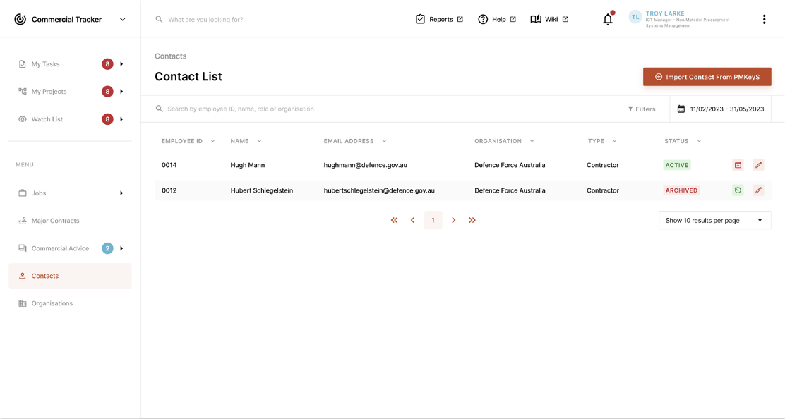 Screenshot of the updated Commercial Tracker interface, displaying a streamlined contact list with employee details, organisation, status, and options to edit or archive contacts.