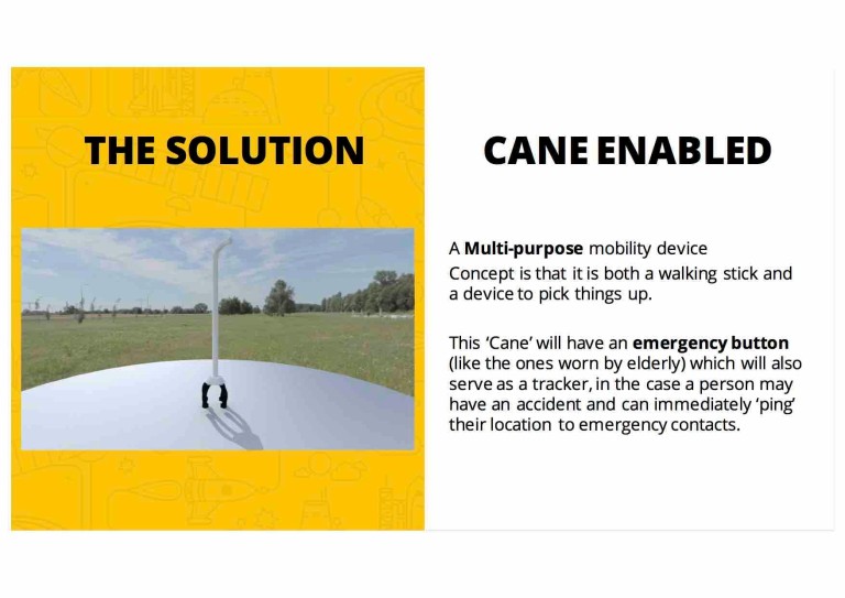 Image describing ‘Cane Enabled,’ a multi-purpose mobility device concept. The device functions as both a walking stick and a tool to pick things up. It features an emergency button that acts as a tracker for elderly individuals in case of accidents, allowing them to ping their location to emergency contacts.