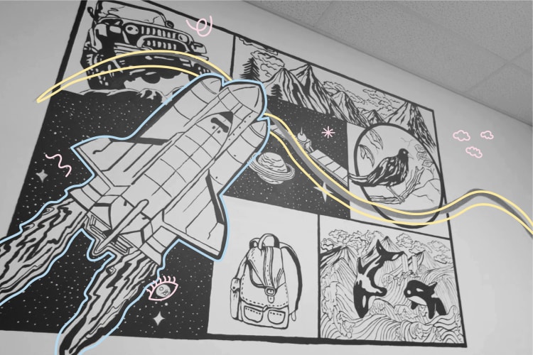 Black and white wall mural featuring a space shuttle, mountains, a backpack, wildlife, and a bird, symbolising exploration, adventure, and creativity with colourful abstract lines overlaying the design