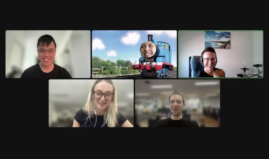 A screenshot of a zoom call meeting with 5 workingmouse employees. 