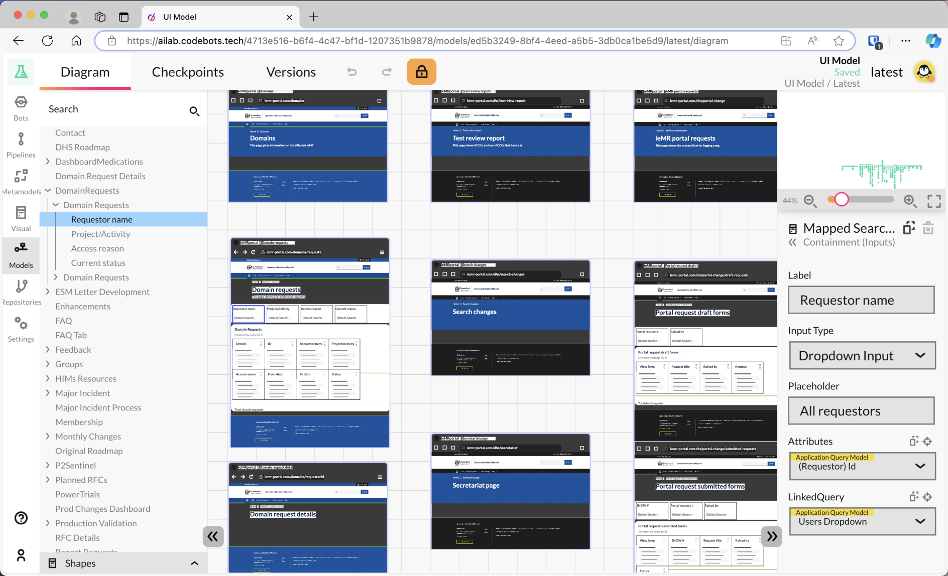 A screenshot of the Codebots UI model