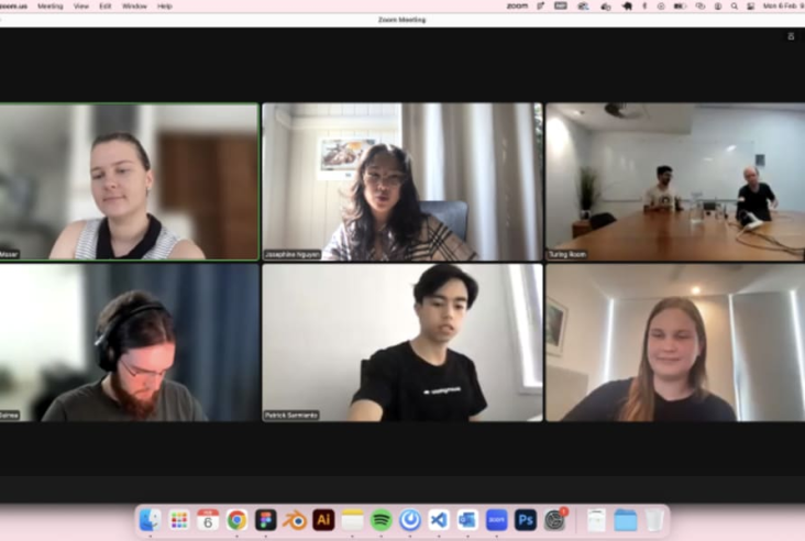 A screenshot of a video call. There are seven people shown