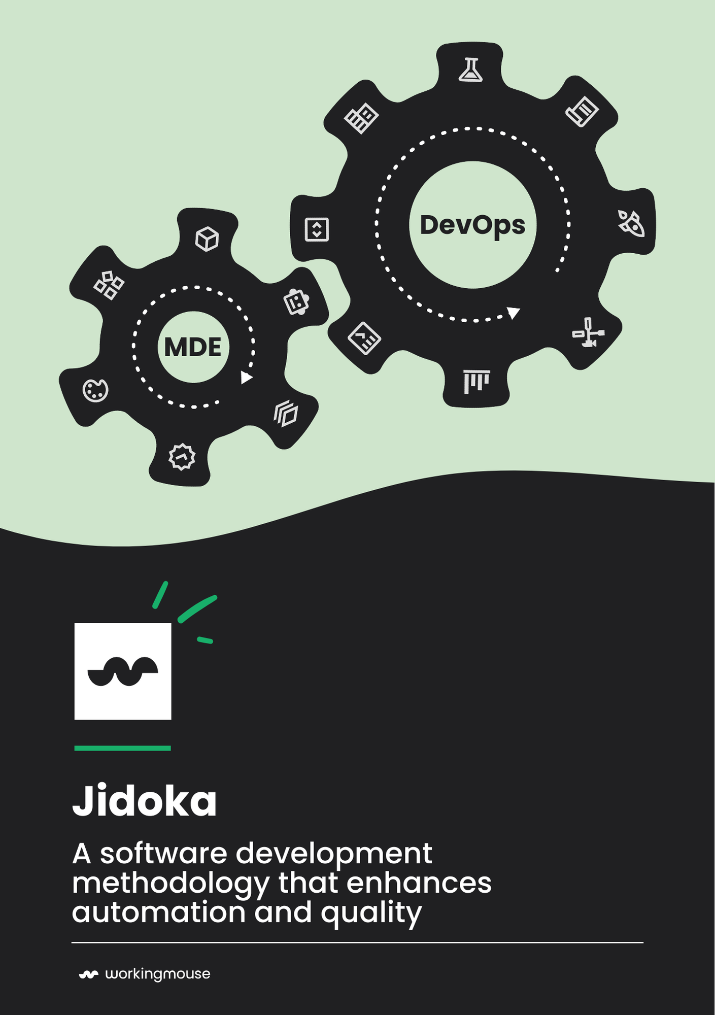 Jidoka download cover. It is green and black with two gears on the fron representing MDE and DevOps. The text on the covers read: Jidoka, a software development methodology that enhances automation and quality